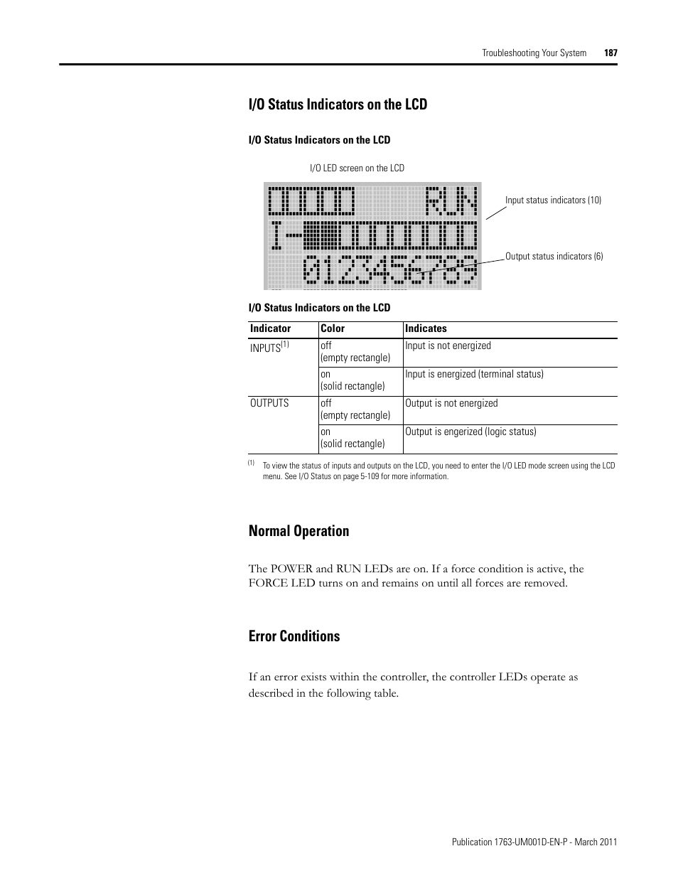 I/o status indicators on the lcd, Normal operation, Error conditions | Rockwell Automation 1763 MicroLogix 1100 Programmable Controllers User Manual User Manual | Page 189 / 256