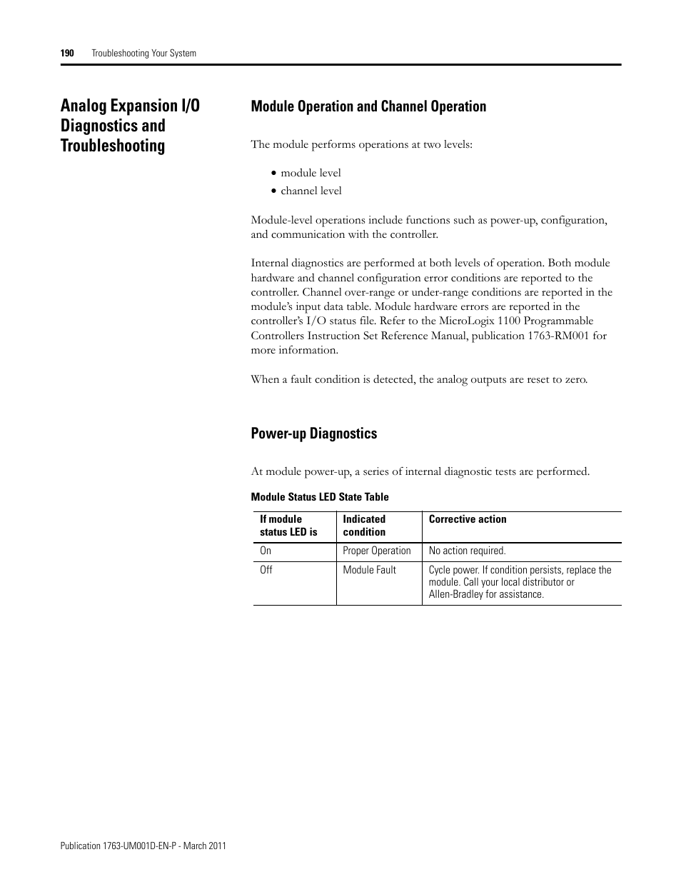 Module operation and channel operation, Power-up diagnostics | Rockwell Automation 1763 MicroLogix 1100 Programmable Controllers User Manual User Manual | Page 192 / 256