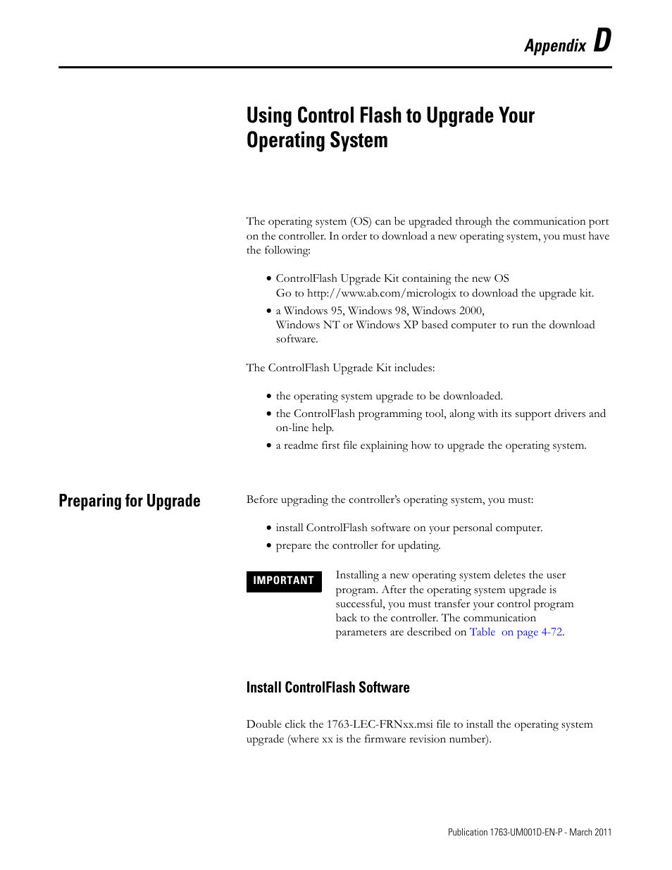 Preparing for upgrade, Install controlflash software, Appendix d | Appendix | Rockwell Automation 1763 MicroLogix 1100 Programmable Controllers User Manual User Manual | Page 197 / 256