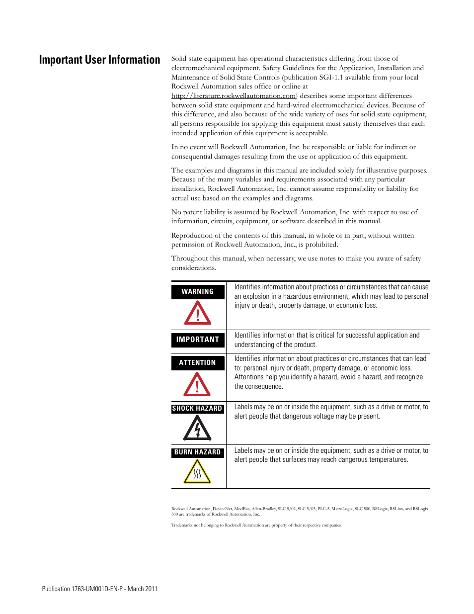 Important user information | Rockwell Automation 1763 MicroLogix 1100 Programmable Controllers User Manual User Manual | Page 2 / 256