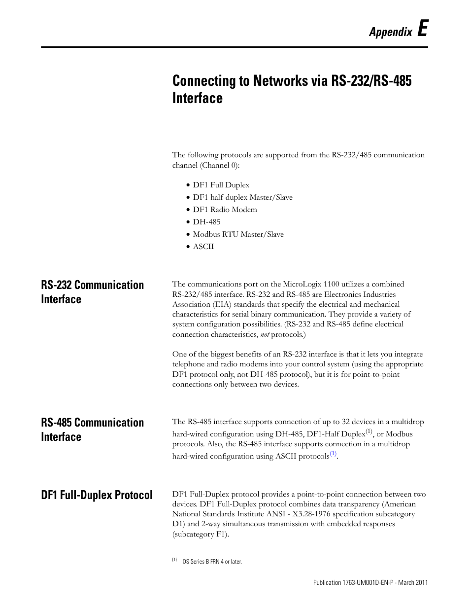 Rs-232 communication interface, Rs-485 communication interface, Df1 full-duplex protocol | Appendix e, Connecting to networks via rs-232/rs-485 interface, Appendix | Rockwell Automation 1763 MicroLogix 1100 Programmable Controllers User Manual User Manual | Page 201 / 256