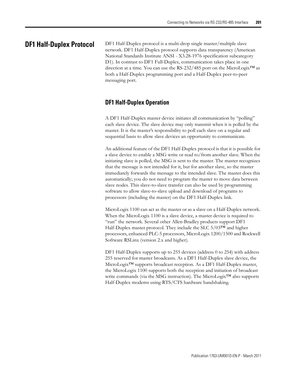 Df1 half-duplex protocol, Df1 half-duplex operation | Rockwell Automation 1763 MicroLogix 1100 Programmable Controllers User Manual User Manual | Page 203 / 256