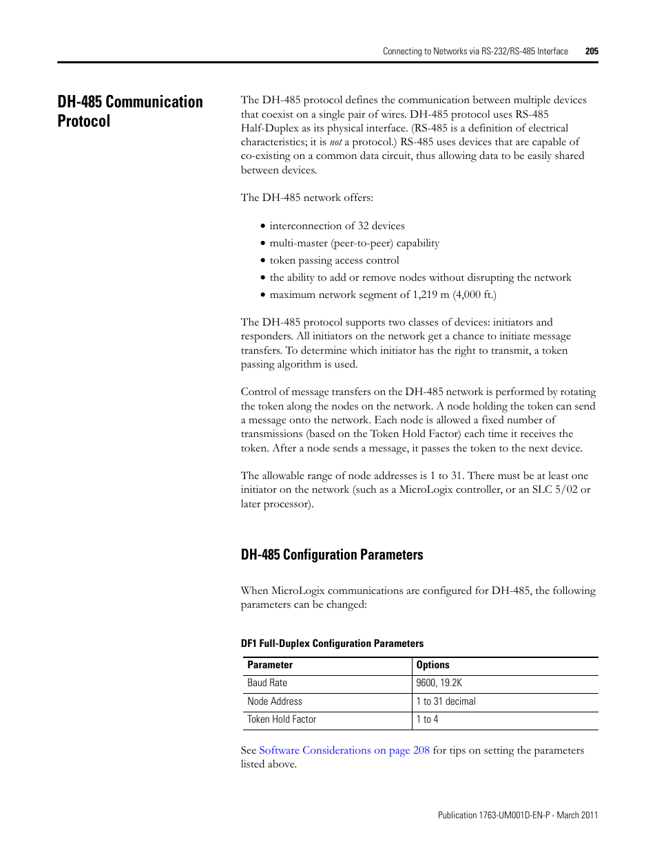Dh-485 communication protocol, Dh-485 configuration parameters | Rockwell Automation 1763 MicroLogix 1100 Programmable Controllers User Manual User Manual | Page 207 / 256