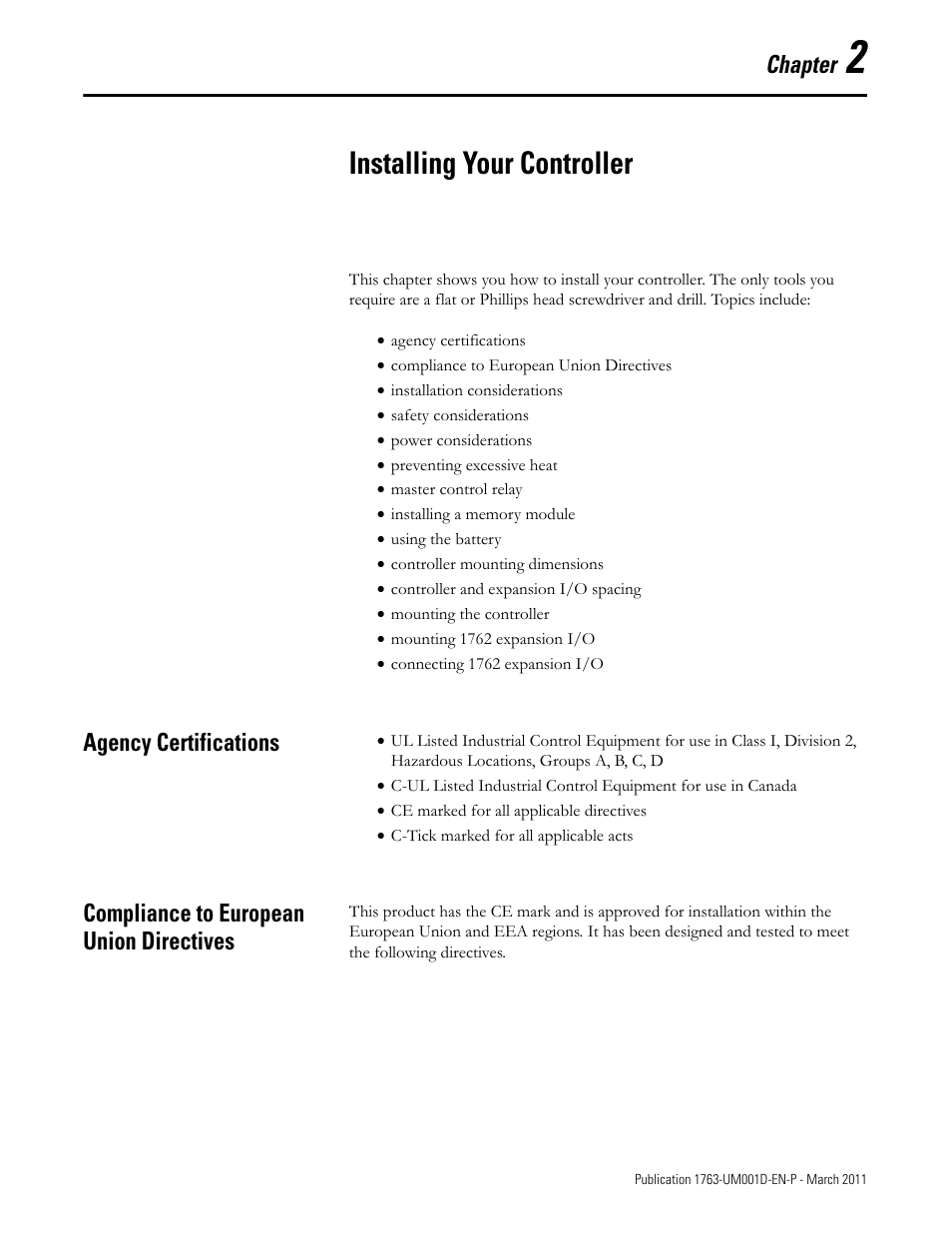 2 - installing your controller, Agency certifications, Compliance to european union directives | Chapter 2, Installing your controller, Chapter | Rockwell Automation 1763 MicroLogix 1100 Programmable Controllers User Manual User Manual | Page 21 / 256