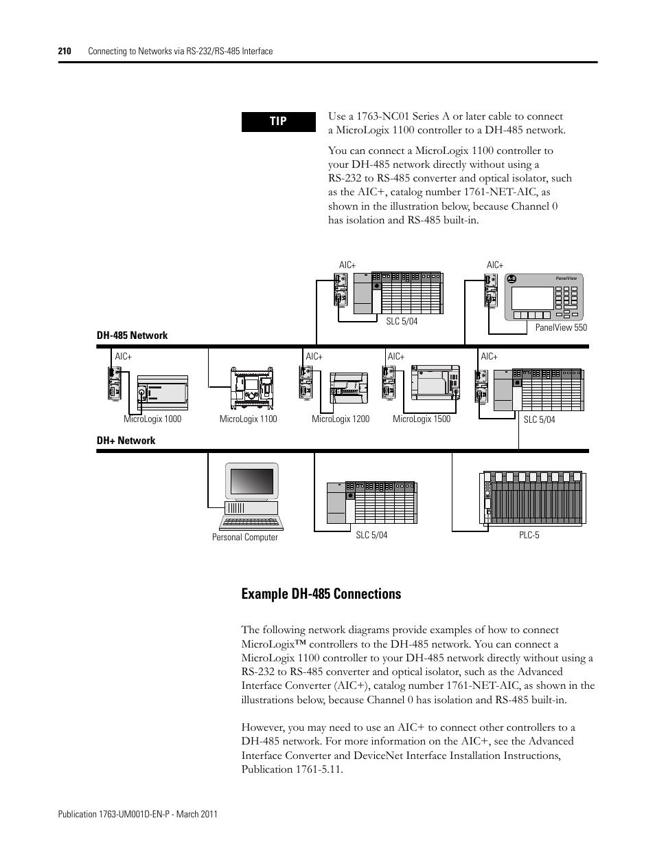Example dh-485 connections | Rockwell Automation 1763 MicroLogix 1100 Programmable Controllers User Manual User Manual | Page 212 / 256