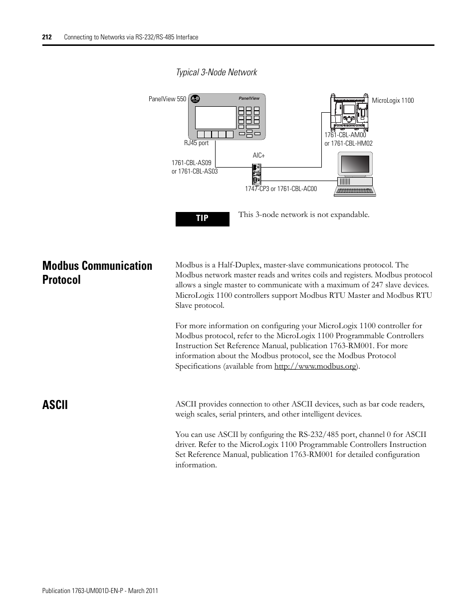 Modbus communication protocol, Ascii, Modbus communication protocol ascii | Rockwell Automation 1763 MicroLogix 1100 Programmable Controllers User Manual User Manual | Page 214 / 256