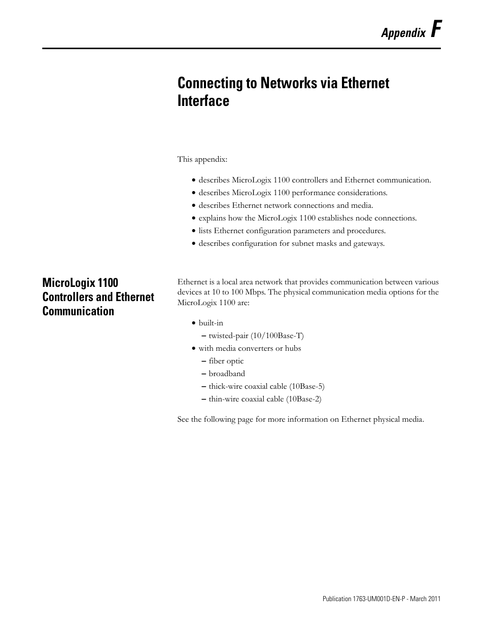 F - connecting to networks via ethernet interface, Appendix f, Connecting to networks via ethernet interface | Appendix | Rockwell Automation 1763 MicroLogix 1100 Programmable Controllers User Manual User Manual | Page 215 / 256