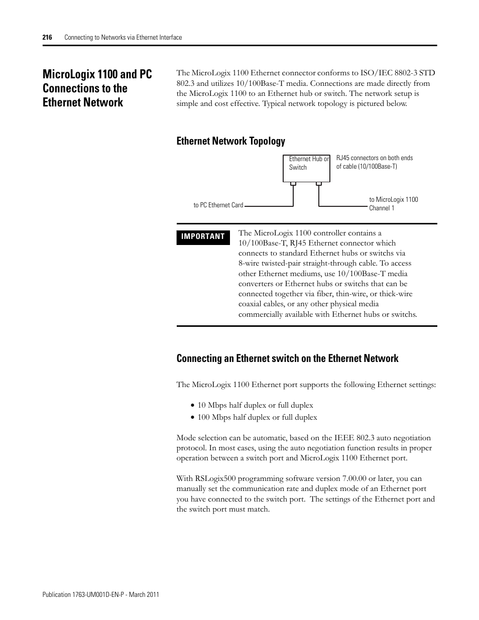 Ethernet network topology | Rockwell Automation 1763 MicroLogix 1100 Programmable Controllers User Manual User Manual | Page 218 / 256
