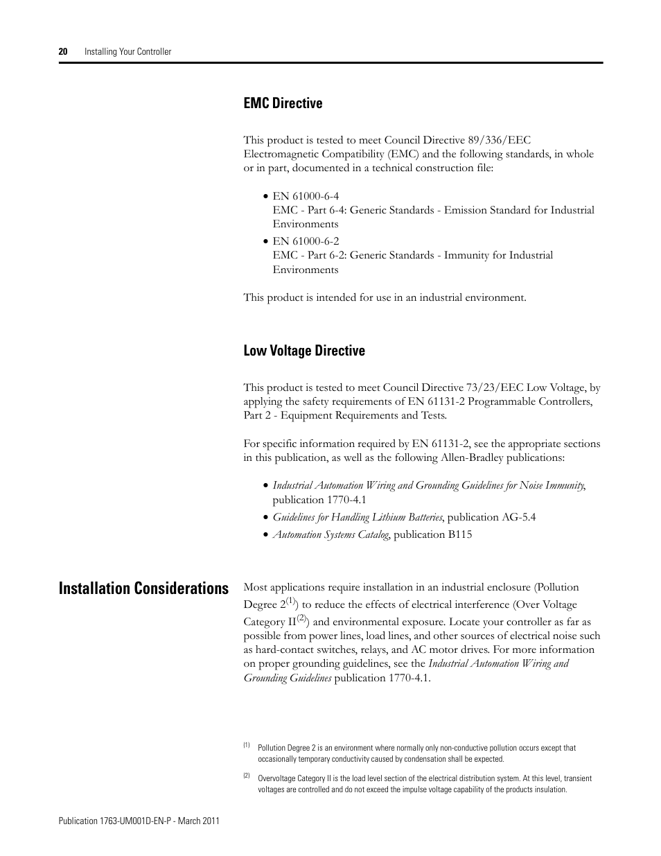 Emc directive, Low voltage directive, Installation considerations | Emc directive low voltage directive | Rockwell Automation 1763 MicroLogix 1100 Programmable Controllers User Manual User Manual | Page 22 / 256