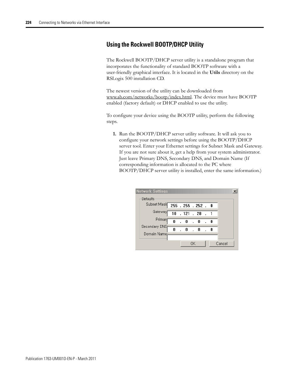 Using the rockwell bootp/dhcp utility | Rockwell Automation 1763 MicroLogix 1100 Programmable Controllers User Manual User Manual | Page 226 / 256
