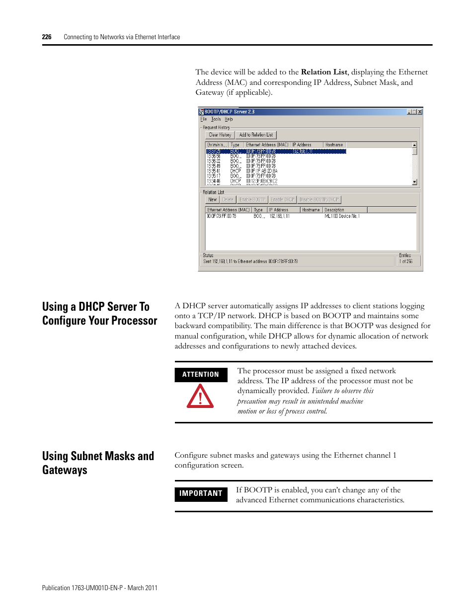 Using a dhcp server to configure your processor, Using subnet masks and gateways | Rockwell Automation 1763 MicroLogix 1100 Programmable Controllers User Manual User Manual | Page 228 / 256