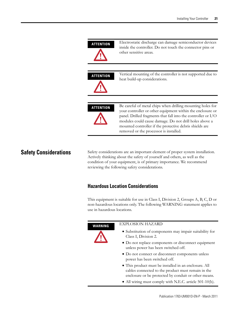 Safety considerations, Hazardous location considerations | Rockwell Automation 1763 MicroLogix 1100 Programmable Controllers User Manual User Manual | Page 23 / 256