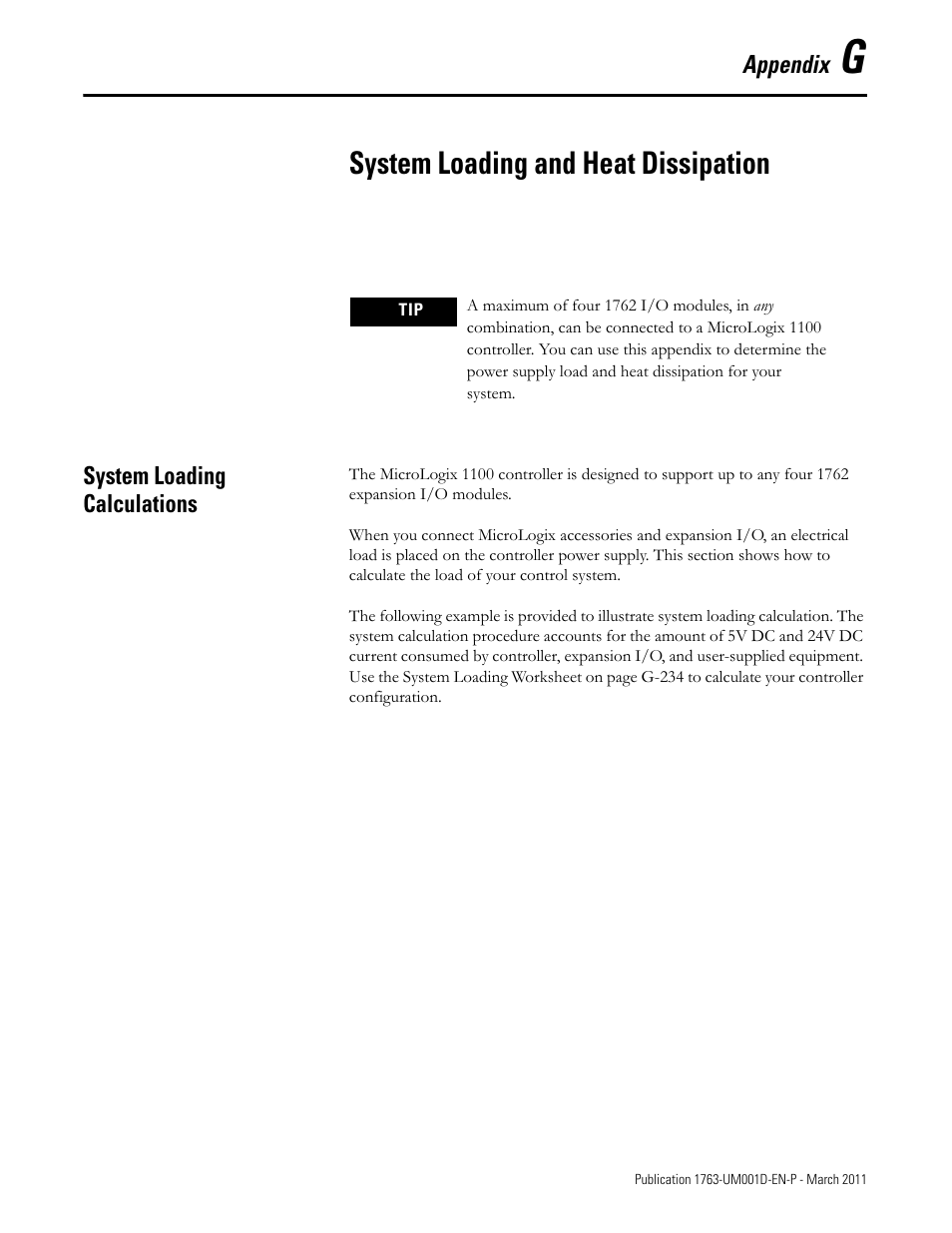 G - system loading and heat dissipation, System loading calculations, Appendix g | System loading and heat dissipation | Rockwell Automation 1763 MicroLogix 1100 Programmable Controllers User Manual User Manual | Page 233 / 256