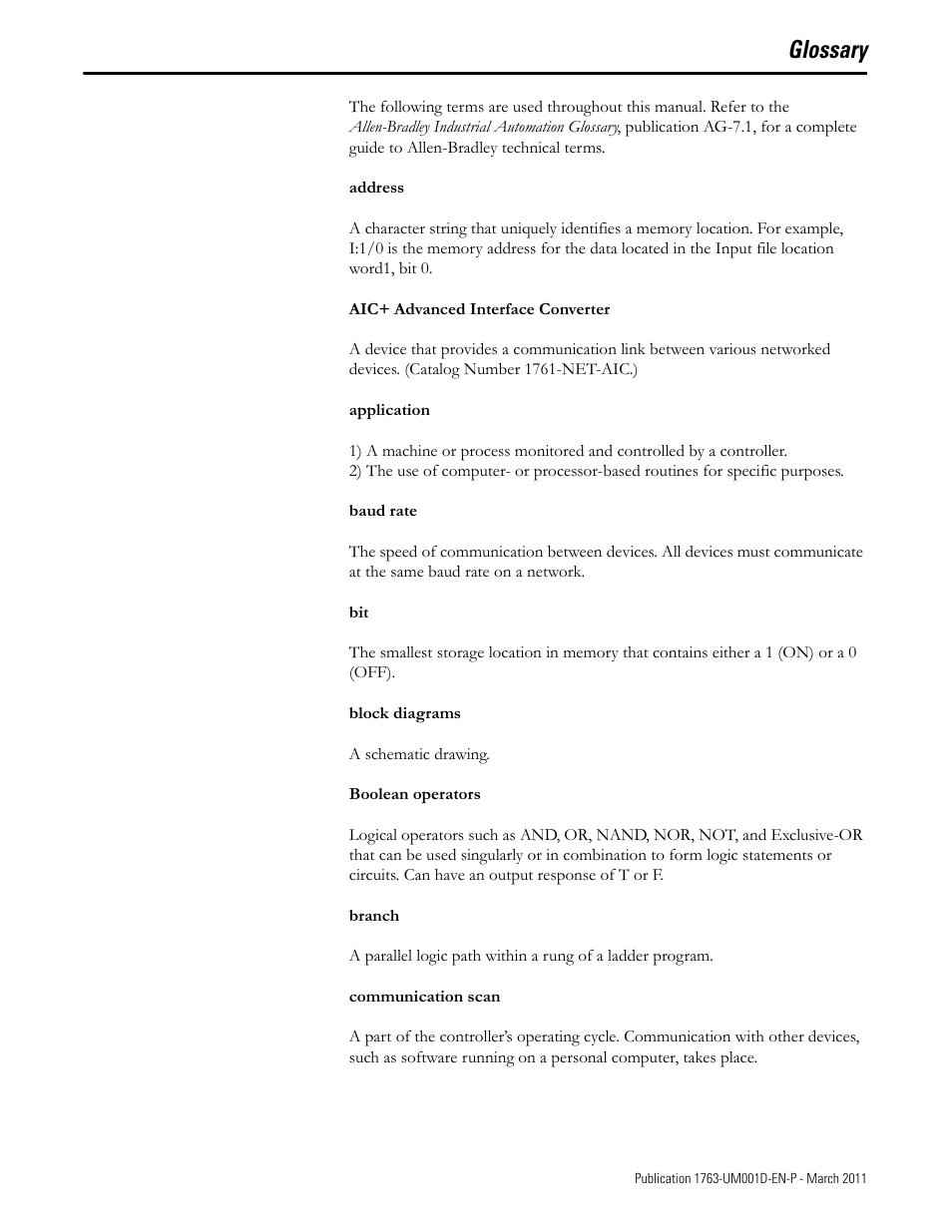 Glossary | Rockwell Automation 1763 MicroLogix 1100 Programmable Controllers User Manual User Manual | Page 239 / 256