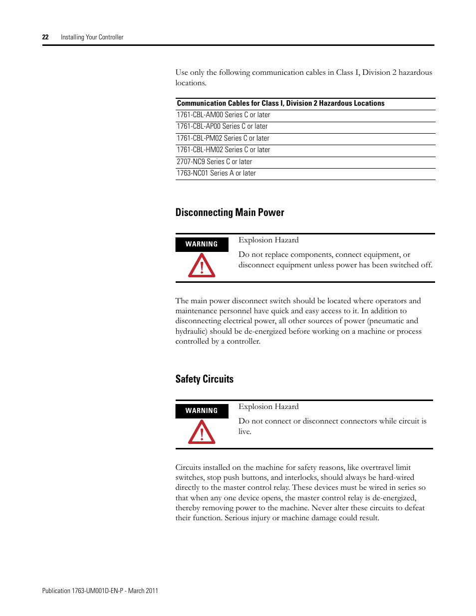 Disconnecting main power, Safety circuits, Disconnecting main power safety circuits | Rockwell Automation 1763 MicroLogix 1100 Programmable Controllers User Manual User Manual | Page 24 / 256