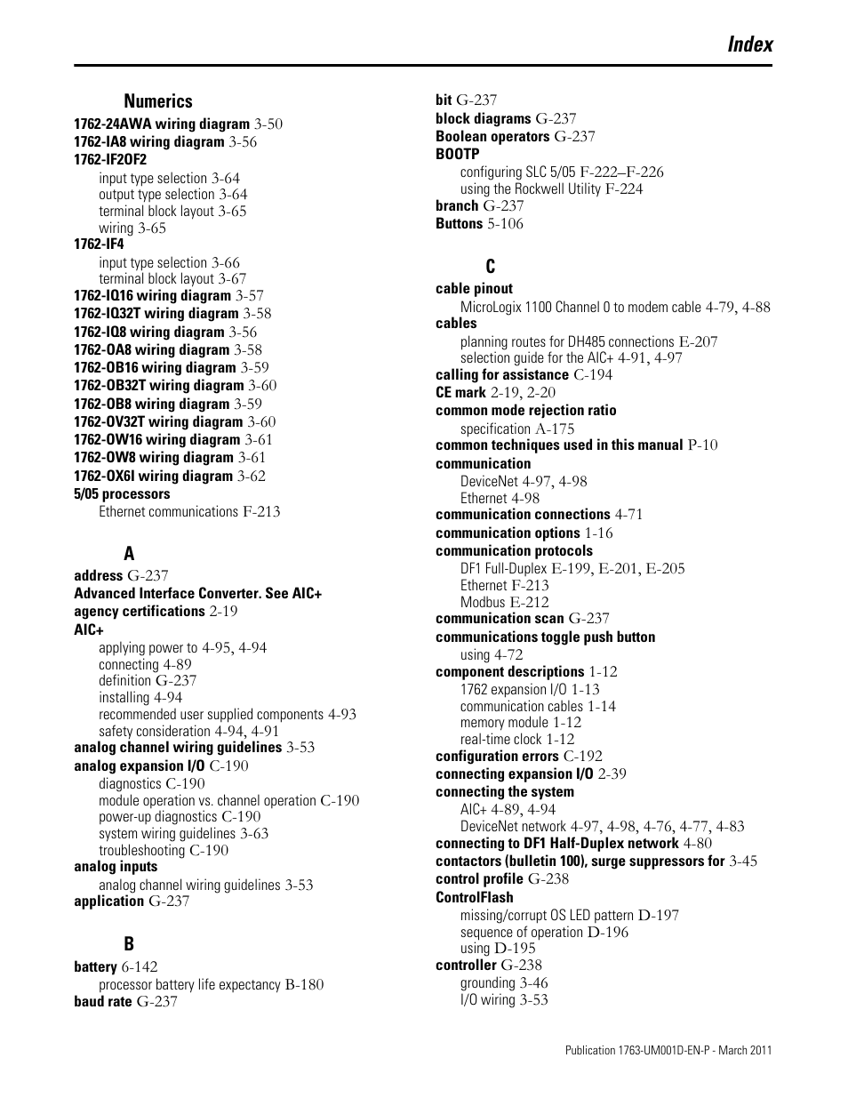 Numerics, Index | Rockwell Automation 1763 MicroLogix 1100 Programmable Controllers User Manual User Manual | Page 249 / 256