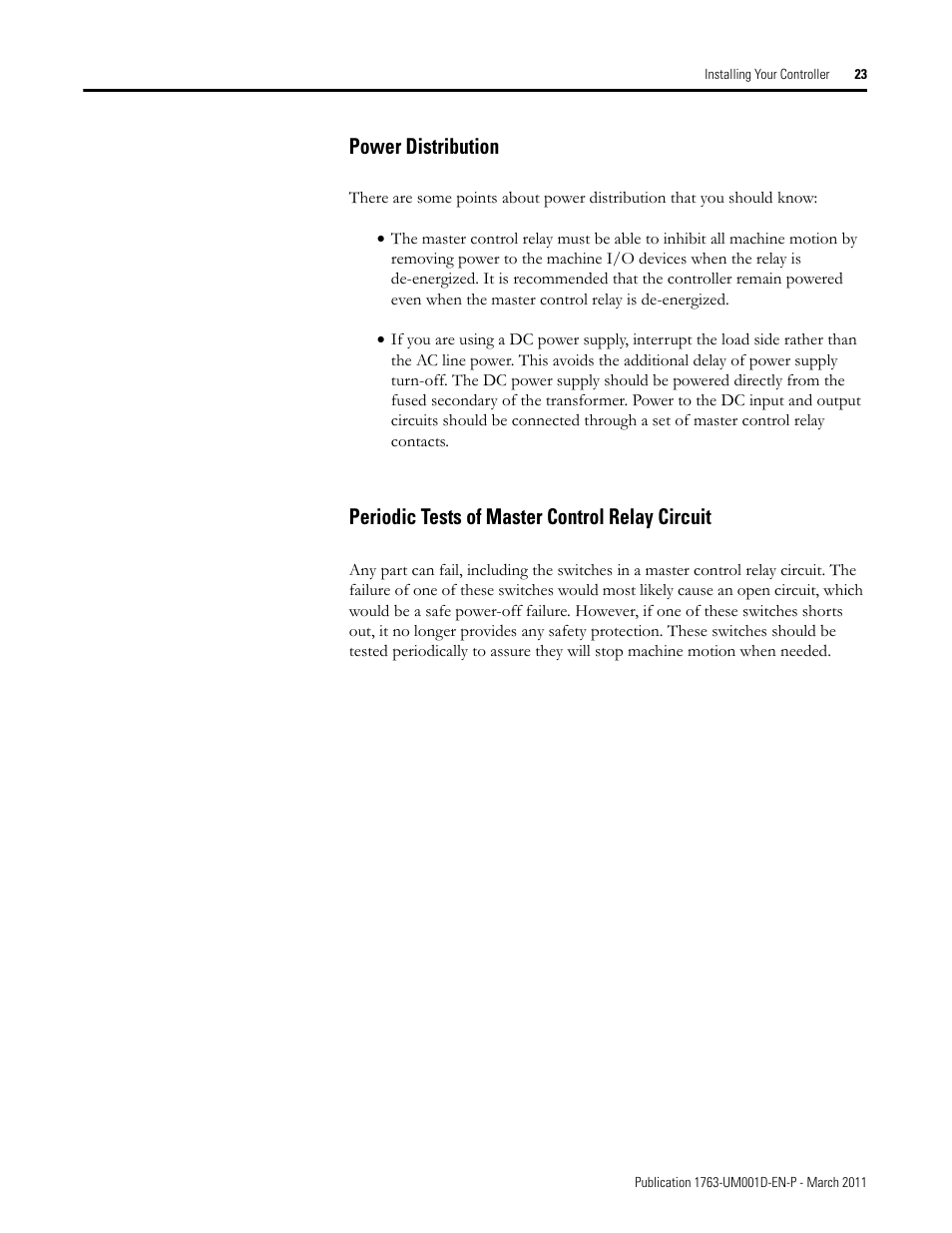 Power distribution, Periodic tests of master control relay circuit | Rockwell Automation 1763 MicroLogix 1100 Programmable Controllers User Manual User Manual | Page 25 / 256