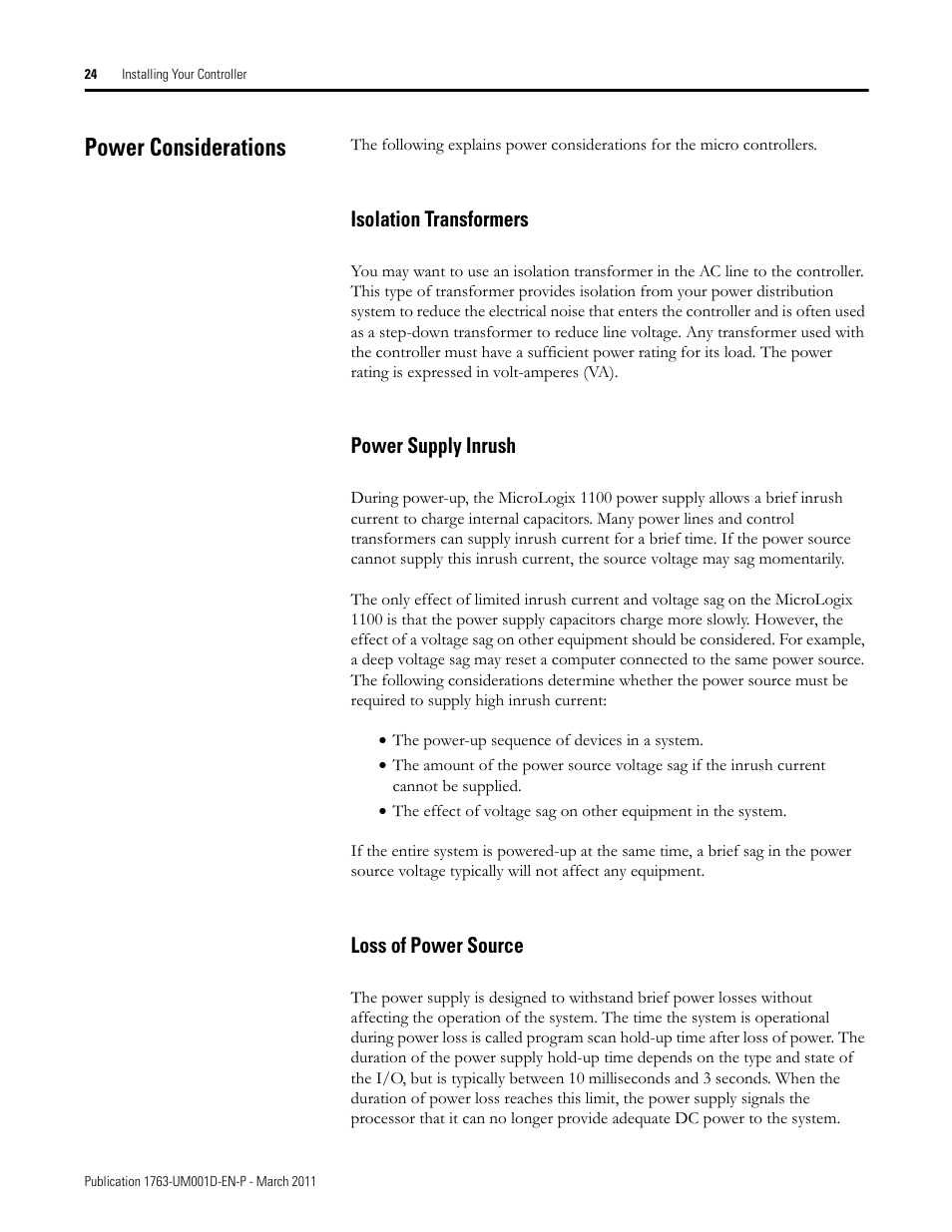 Power considerations, Isolation transformers, Power supply inrush | Loss of power source | Rockwell Automation 1763 MicroLogix 1100 Programmable Controllers User Manual User Manual | Page 26 / 256