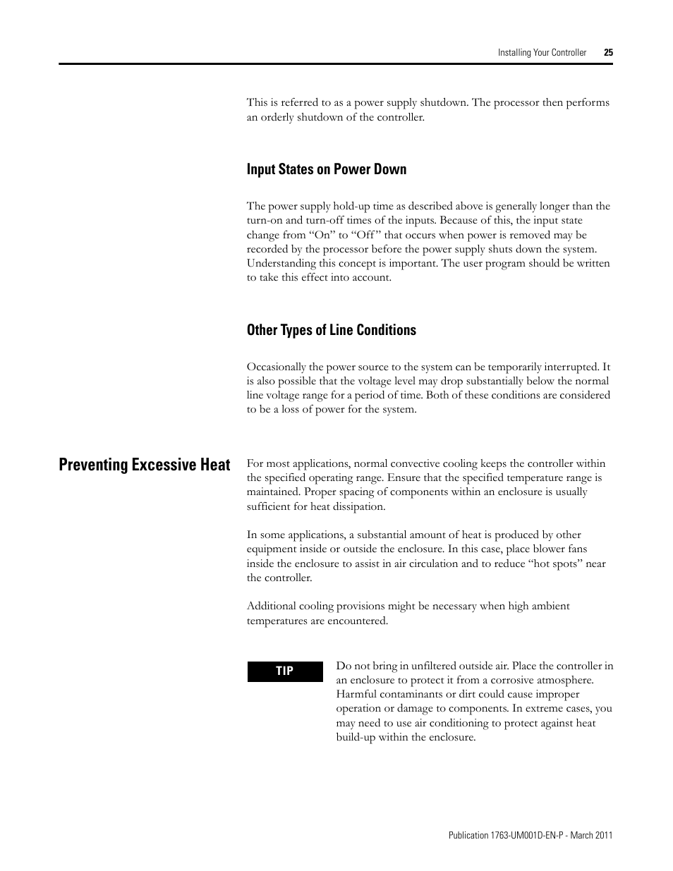 Input states on power down, Other types of line conditions, Preventing excessive heat | Rockwell Automation 1763 MicroLogix 1100 Programmable Controllers User Manual User Manual | Page 27 / 256