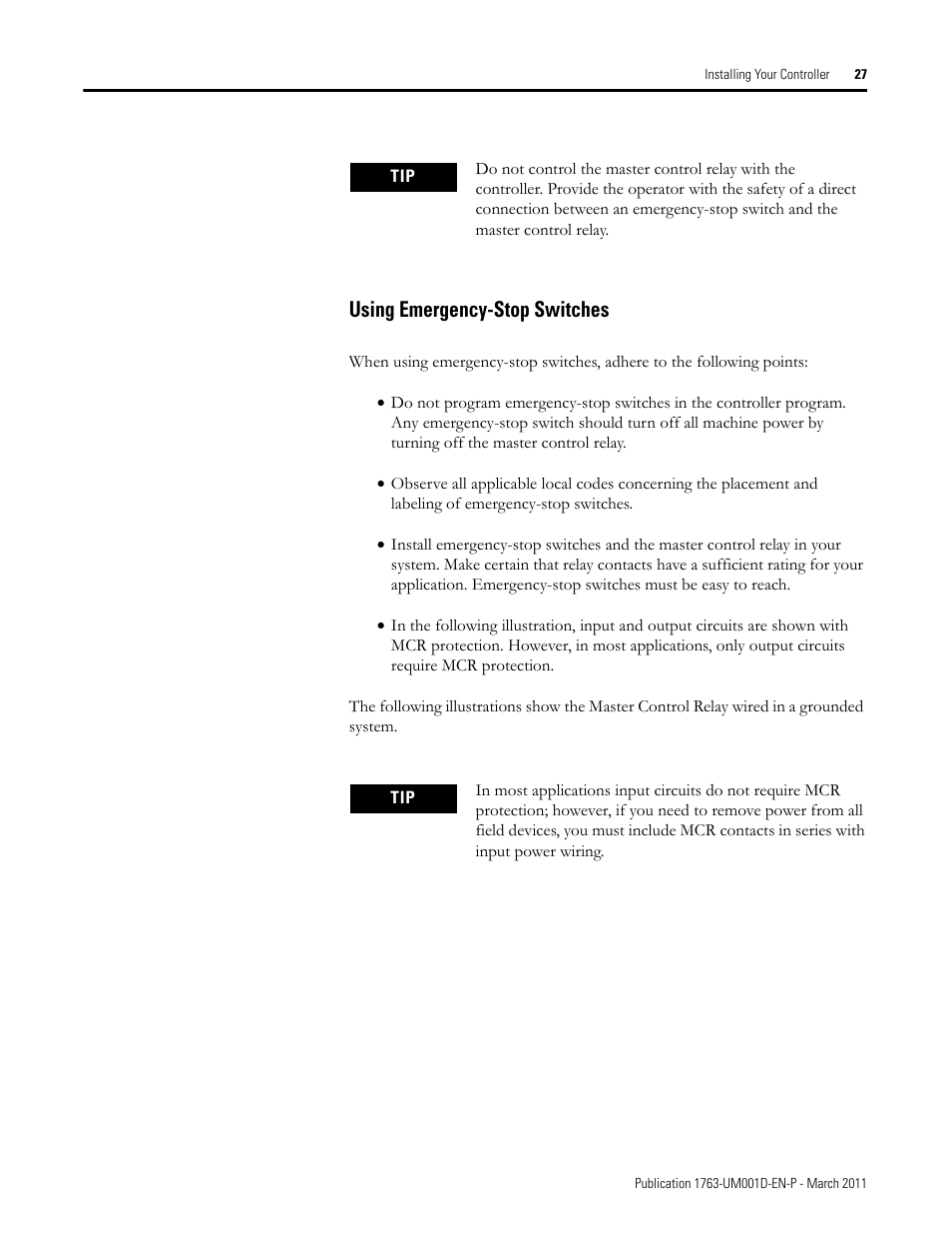 Using emergency-stop switches | Rockwell Automation 1763 MicroLogix 1100 Programmable Controllers User Manual User Manual | Page 29 / 256