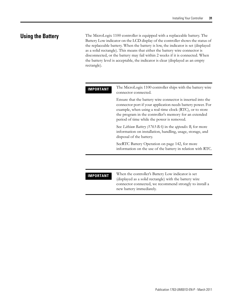 Using the battery | Rockwell Automation 1763 MicroLogix 1100 Programmable Controllers User Manual User Manual | Page 33 / 256