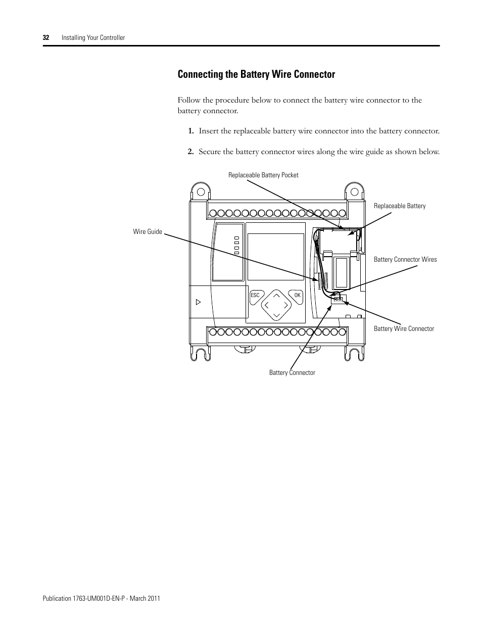 Connecting the battery wire connector | Rockwell Automation 1763 MicroLogix 1100 Programmable Controllers User Manual User Manual | Page 34 / 256