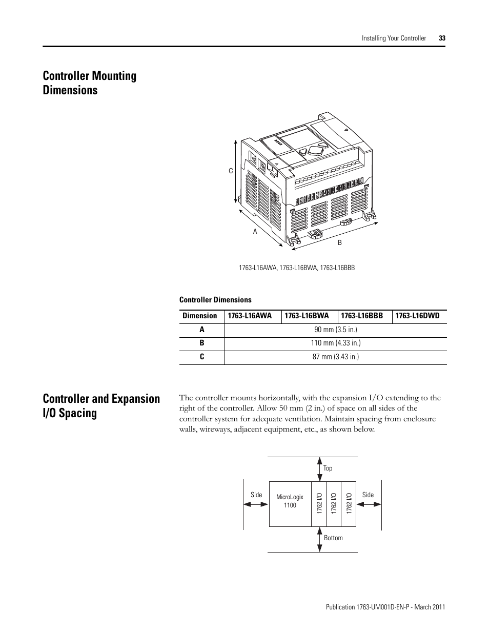 Controller mounting dimensions, Controller and expansion i/o spacing | Rockwell Automation 1763 MicroLogix 1100 Programmable Controllers User Manual User Manual | Page 35 / 256
