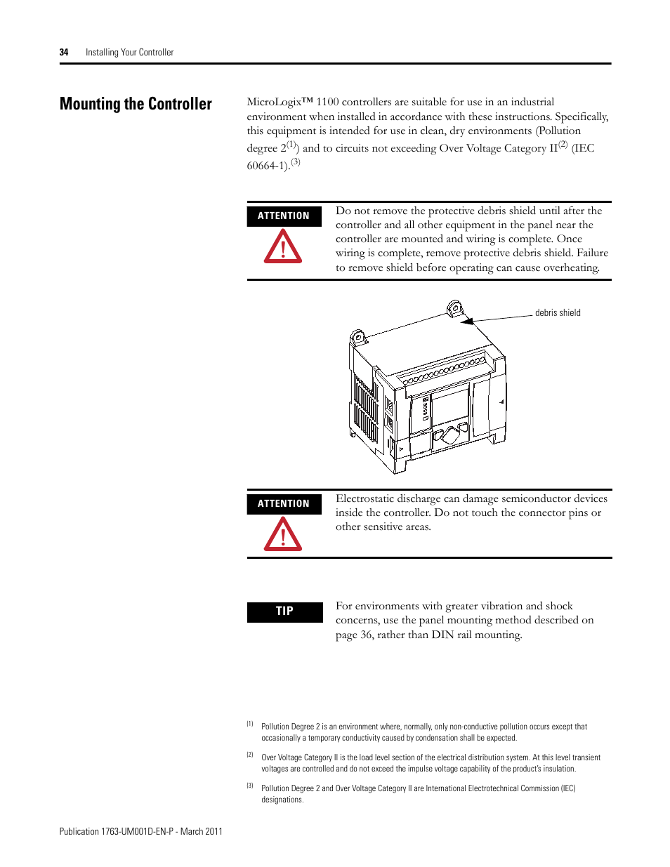 Mounting the controller | Rockwell Automation 1763 MicroLogix 1100 Programmable Controllers User Manual User Manual | Page 36 / 256