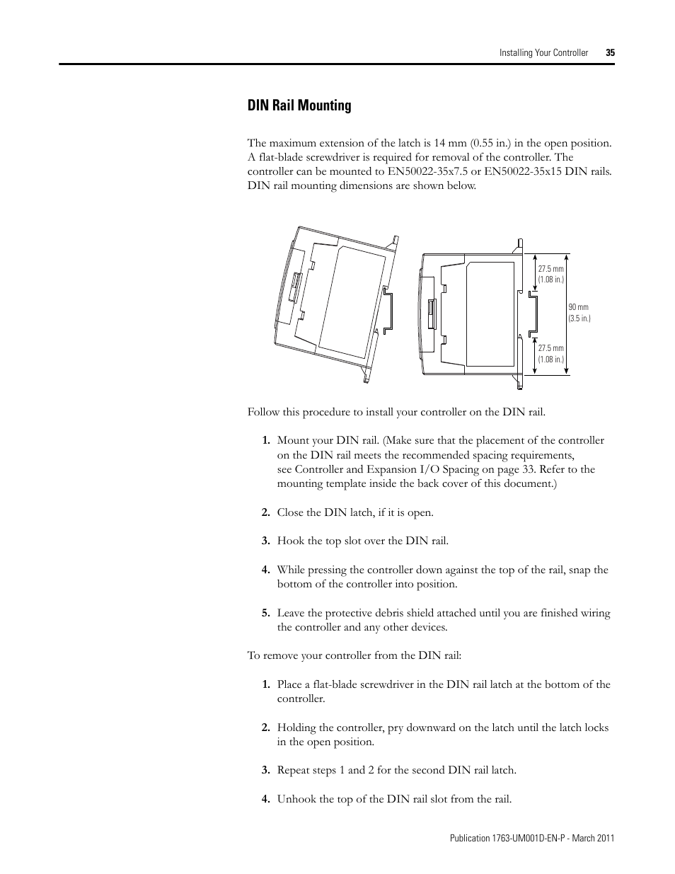 Din rail mounting | Rockwell Automation 1763 MicroLogix 1100 Programmable Controllers User Manual User Manual | Page 37 / 256