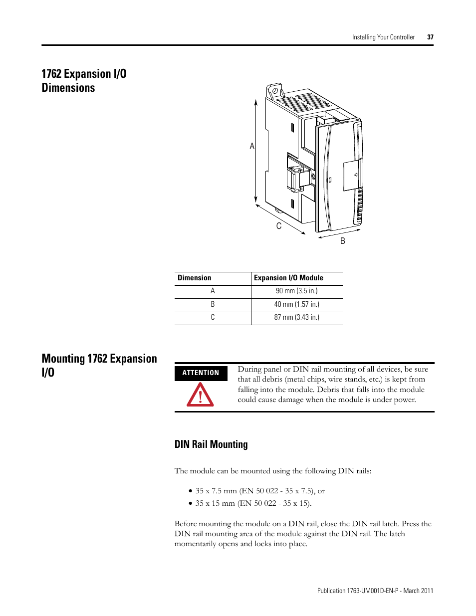 1762 expansion i/o dimensions, Mounting 1762 expansion i/o, Din rail mounting | Rockwell Automation 1763 MicroLogix 1100 Programmable Controllers User Manual User Manual | Page 39 / 256