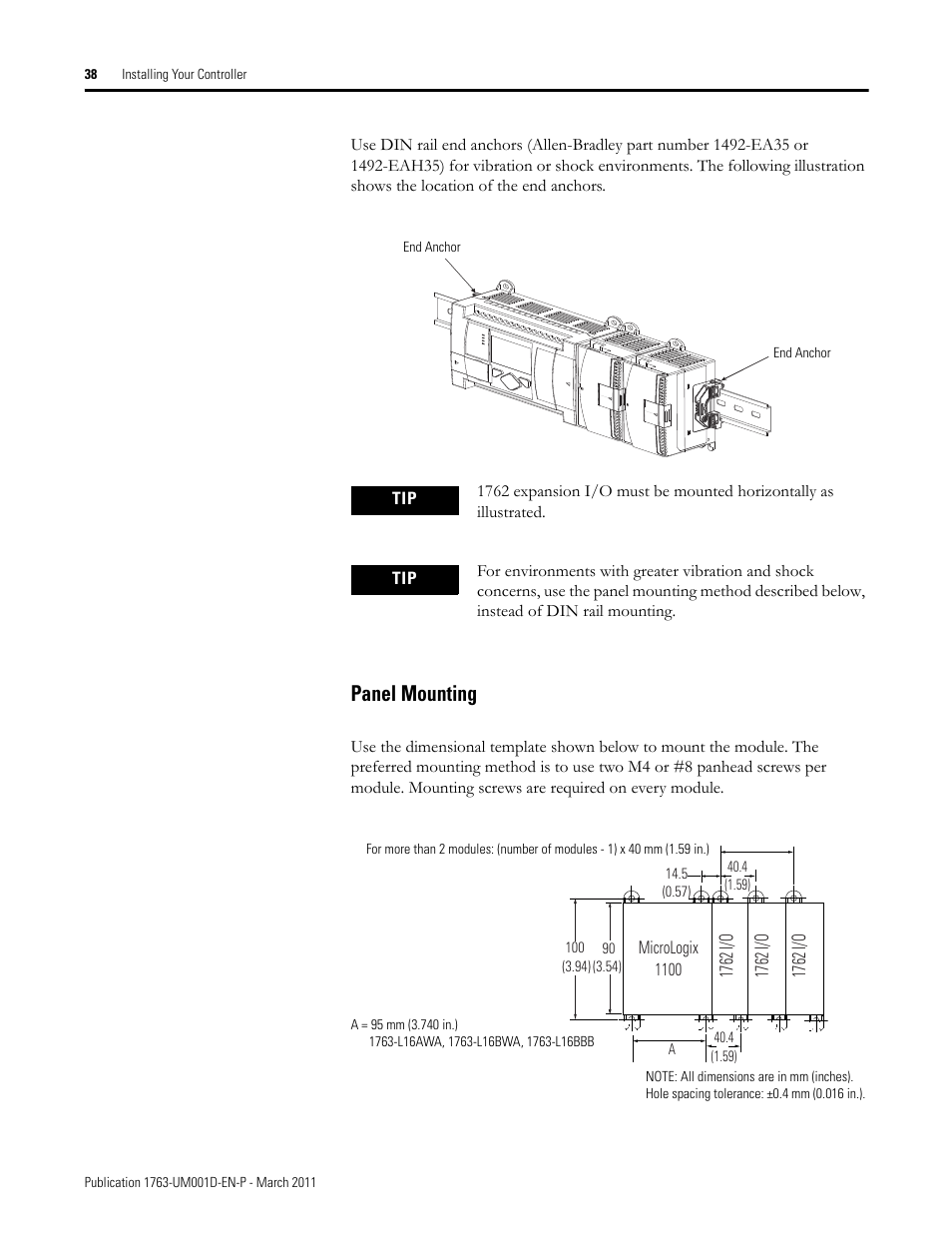 Panel mounting | Rockwell Automation 1763 MicroLogix 1100 Programmable Controllers User Manual User Manual | Page 40 / 256