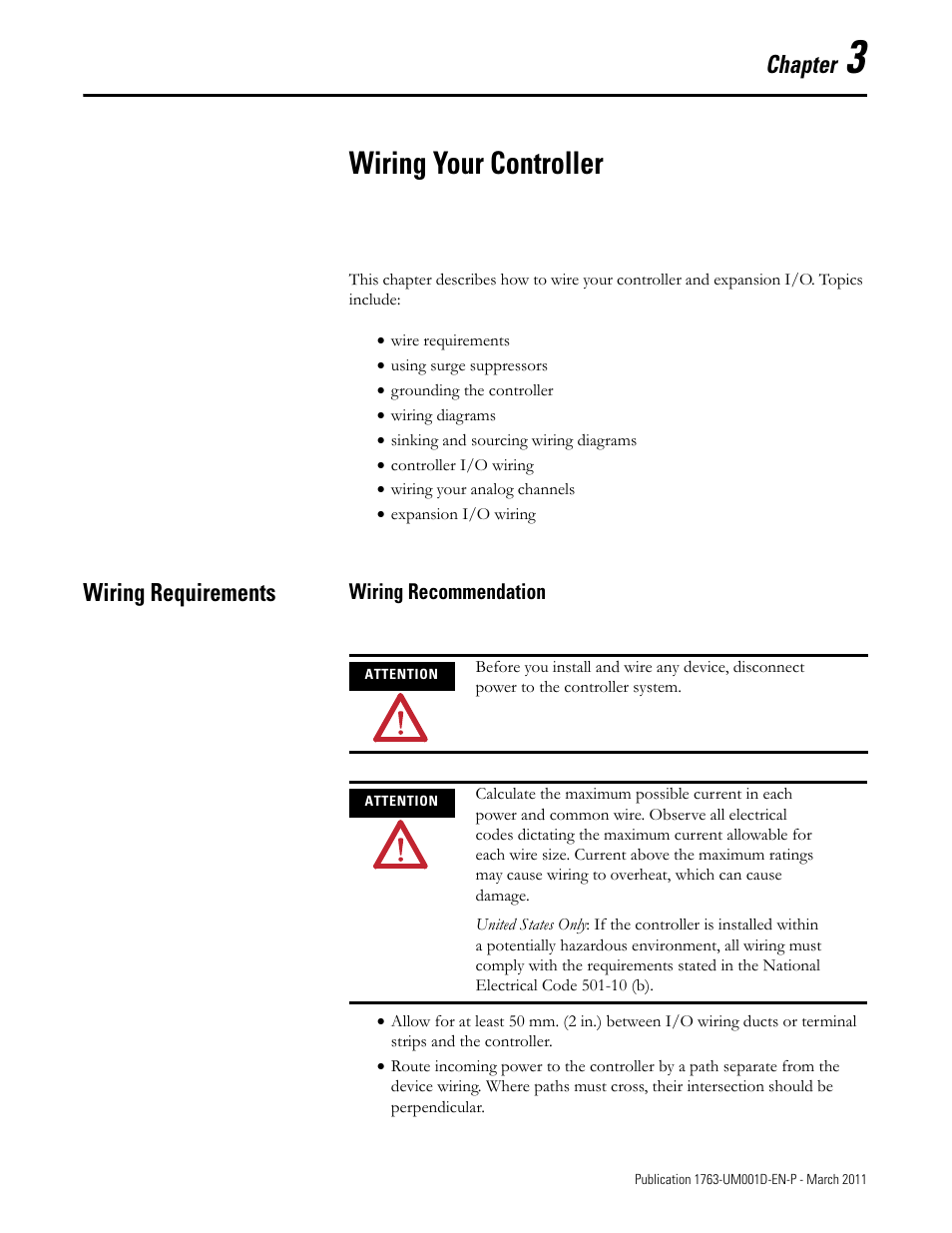 3 - wiring your controller, Wiring requirements, Wiring recommendation | Chapter 3, Wiring your controller, Chapter | Rockwell Automation 1763 MicroLogix 1100 Programmable Controllers User Manual User Manual | Page 43 / 256