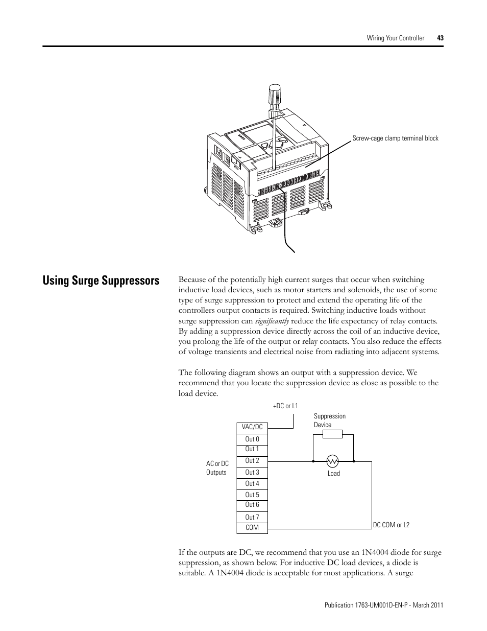 Using surge suppressors | Rockwell Automation 1763 MicroLogix 1100 Programmable Controllers User Manual User Manual | Page 45 / 256