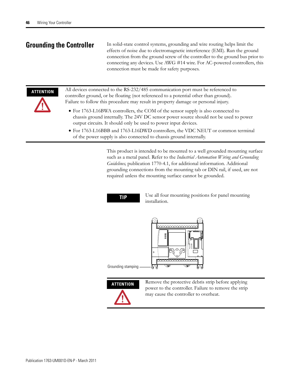 Grounding the controller | Rockwell Automation 1763 MicroLogix 1100 Programmable Controllers User Manual User Manual | Page 48 / 256