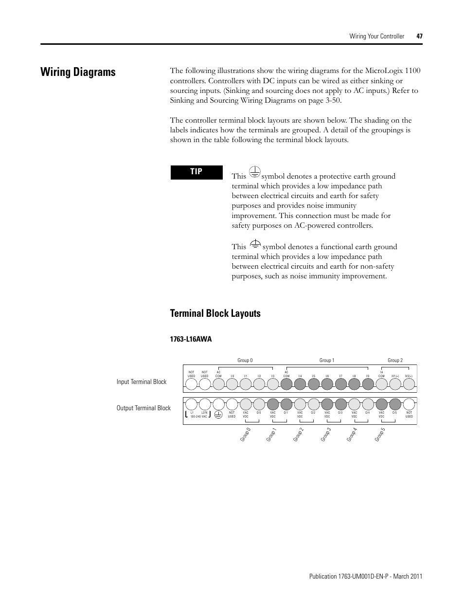 Wiring diagrams, Terminal block layouts, Input terminal block output terminal block | Rockwell Automation 1763 MicroLogix 1100 Programmable Controllers User Manual User Manual | Page 49 / 256