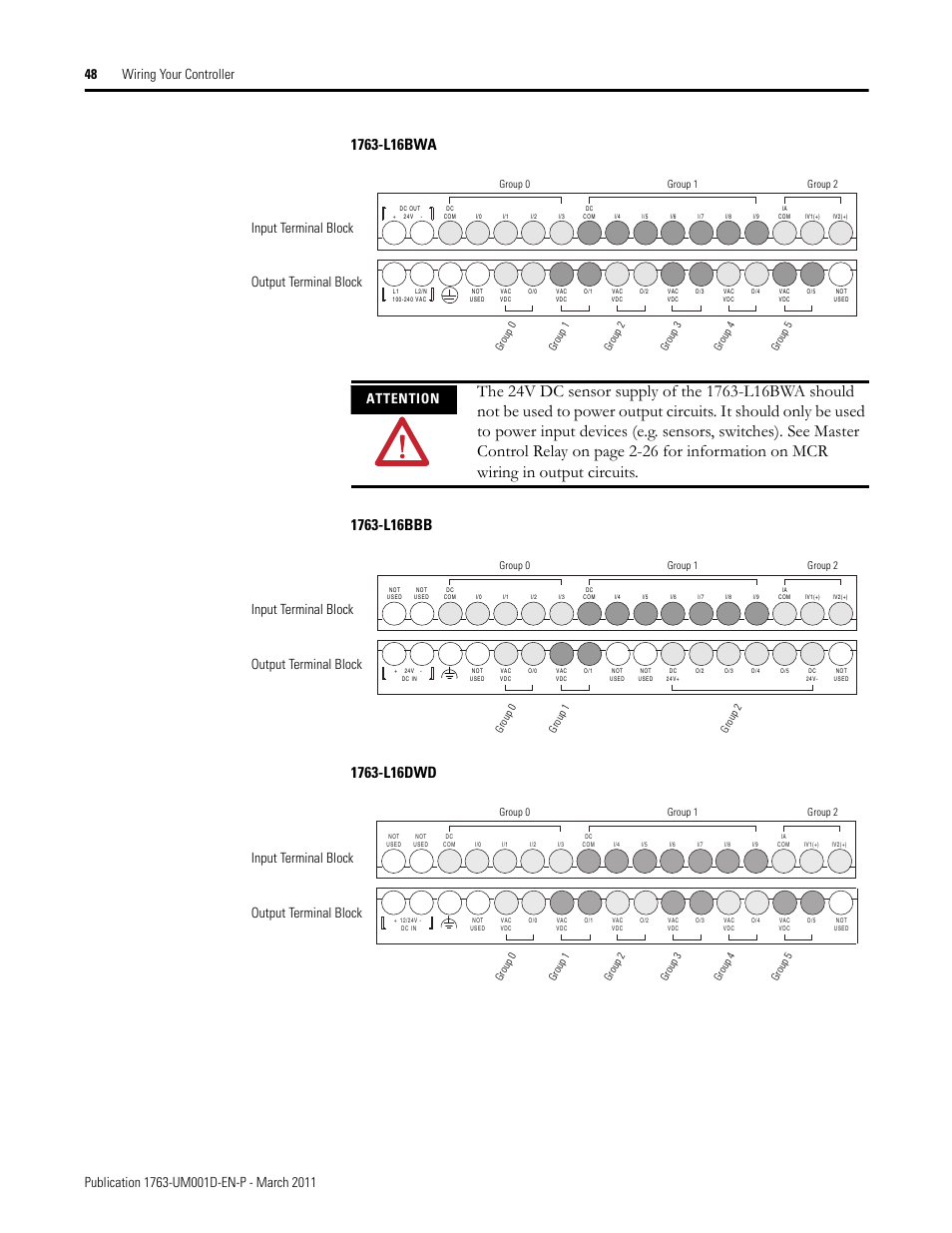 Input terminal block output terminal block, Attention | Rockwell Automation 1763 MicroLogix 1100 Programmable Controllers User Manual User Manual | Page 50 / 256