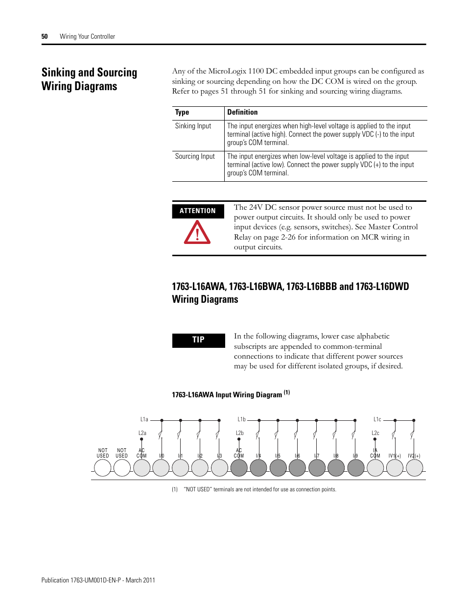 Sinking and sourcing wiring diagrams | Rockwell Automation 1763 MicroLogix 1100 Programmable Controllers User Manual User Manual | Page 52 / 256