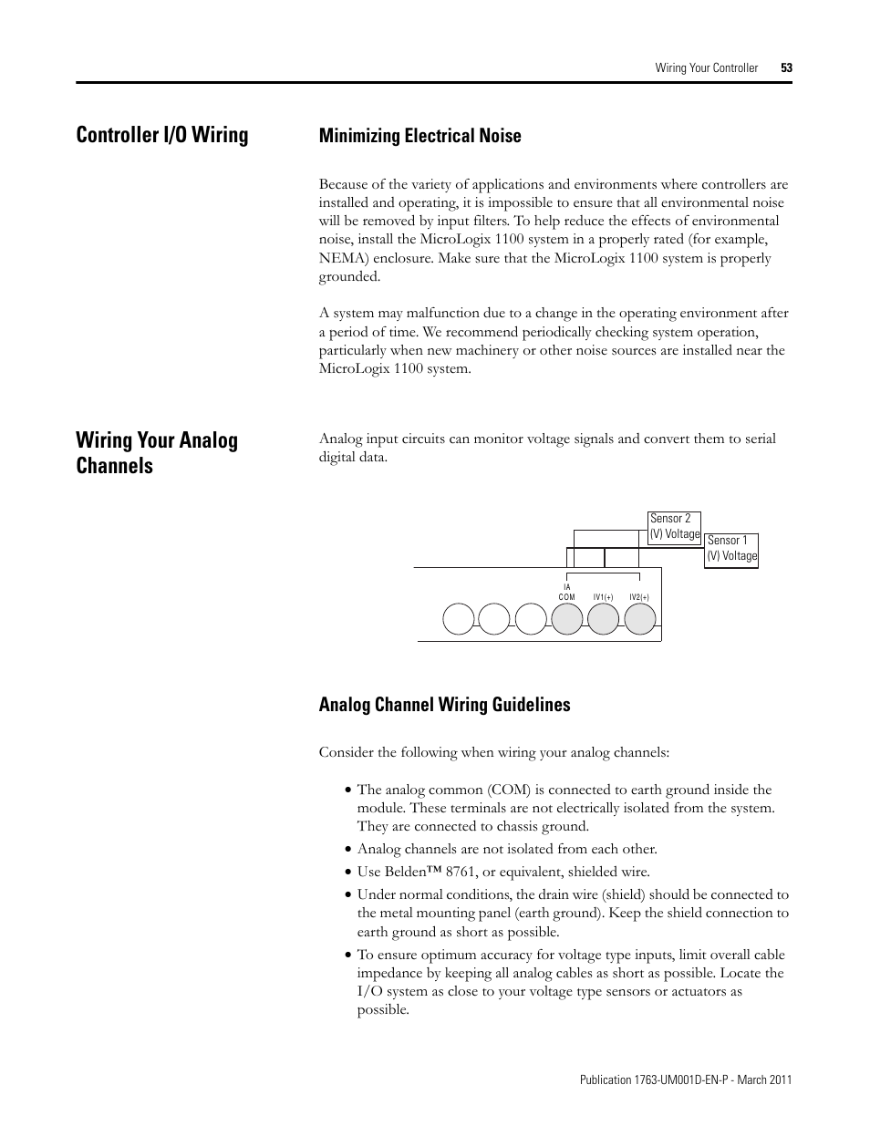 Controller i/o wiring, Minimizing electrical noise, Wiring your analog channels | Analog channel wiring guidelines | Rockwell Automation 1763 MicroLogix 1100 Programmable Controllers User Manual User Manual | Page 55 / 256