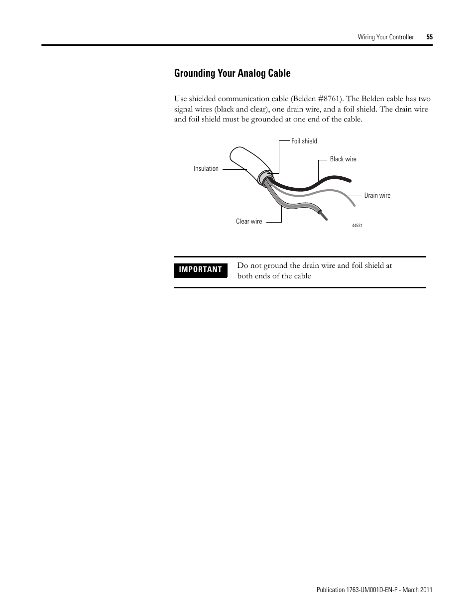 Grounding your analog cable | Rockwell Automation 1763 MicroLogix 1100 Programmable Controllers User Manual User Manual | Page 57 / 256