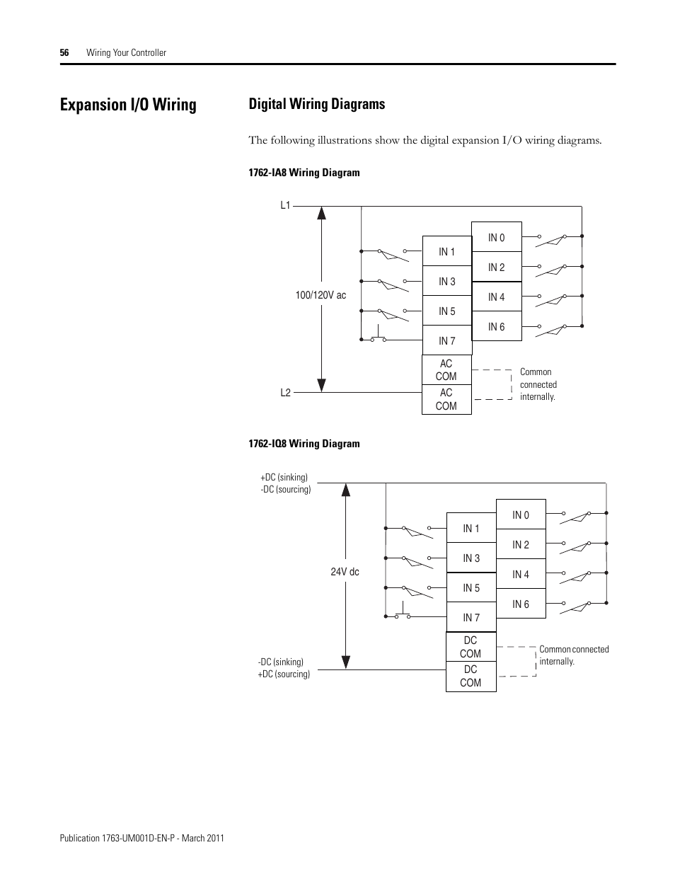 Expansion i/o wiring, Digital wiring diagrams | Rockwell Automation 1763 MicroLogix 1100 Programmable Controllers User Manual User Manual | Page 58 / 256