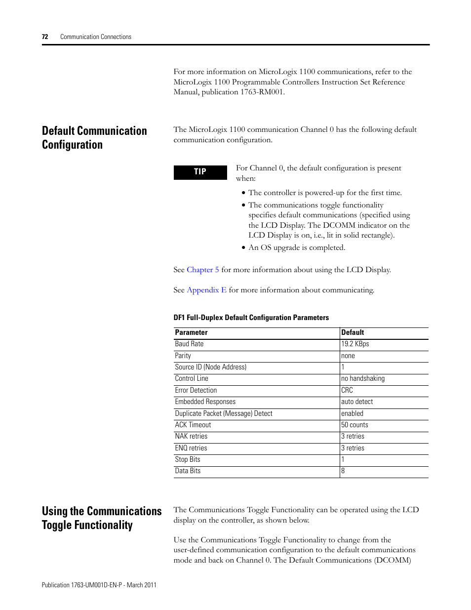 Default communication configuration, Using the communications toggle functionality | Rockwell Automation 1763 MicroLogix 1100 Programmable Controllers User Manual User Manual | Page 74 / 256