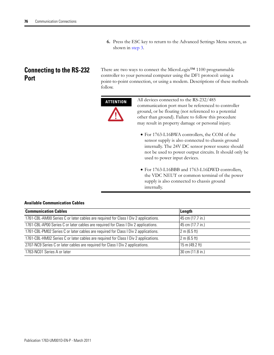 Connecting to the rs-232 port | Rockwell Automation 1763 MicroLogix 1100 Programmable Controllers User Manual User Manual | Page 78 / 256