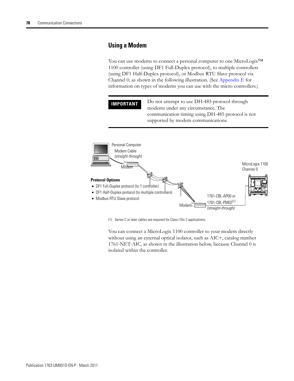 Using a modem | Rockwell Automation 1763 MicroLogix 1100 Programmable Controllers User Manual User Manual | Page 80 / 256