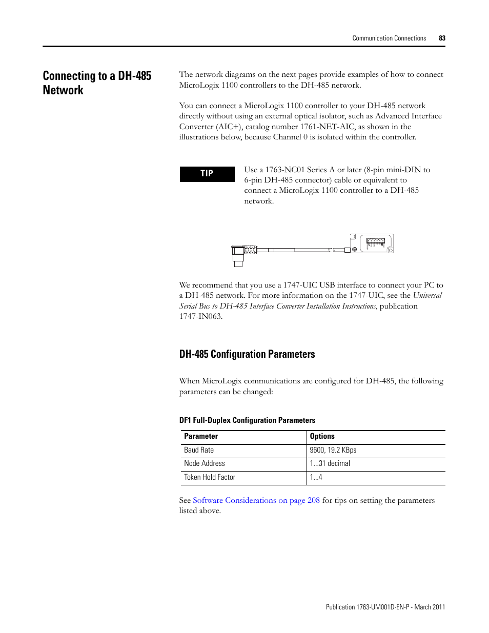 Connecting to a dh-485 network, Dh-485 configuration parameters | Rockwell Automation 1763 MicroLogix 1100 Programmable Controllers User Manual User Manual | Page 85 / 256