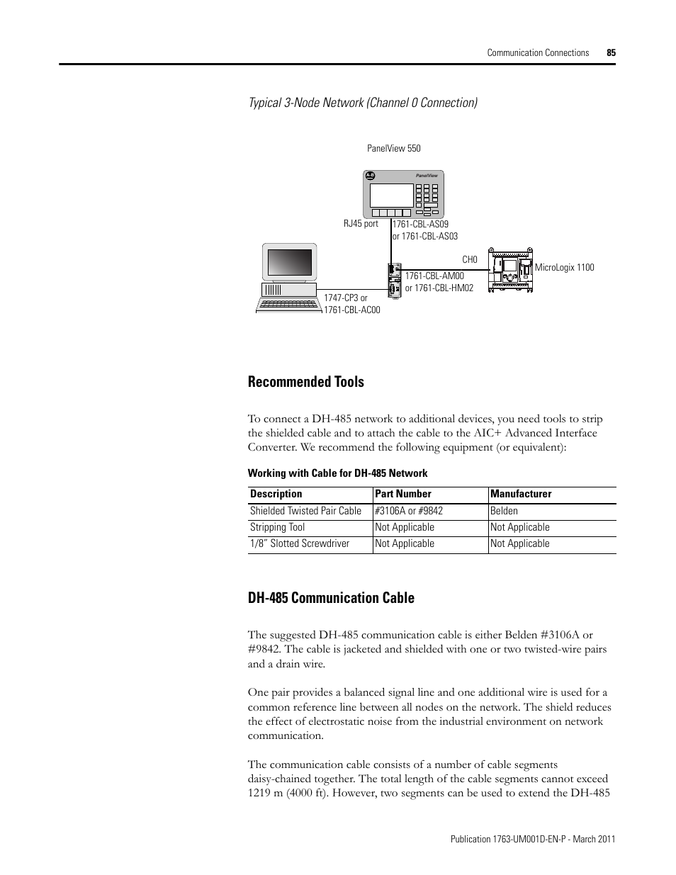 Recommended tools, Dh-485 communication cable, Recommended tools dh-485 communication cable | Rockwell Automation 1763 MicroLogix 1100 Programmable Controllers User Manual User Manual | Page 87 / 256