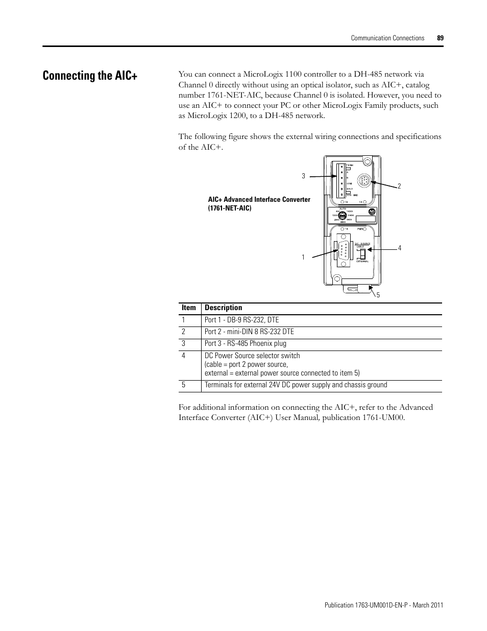 Connecting the aic | Rockwell Automation 1763 MicroLogix 1100 Programmable Controllers User Manual User Manual | Page 91 / 256