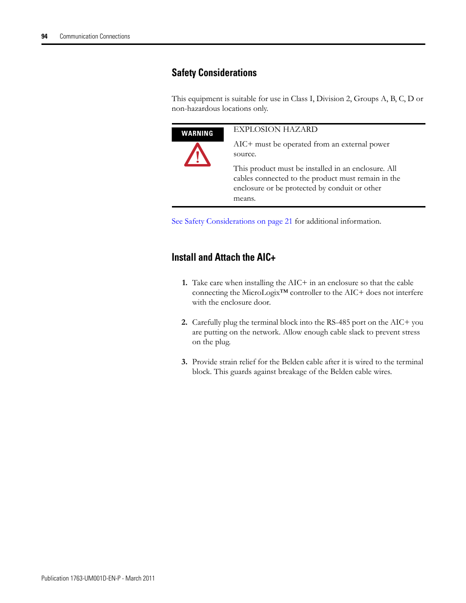 Safety considerations, Install and attach the aic, Safety considerations install and attach the aic | Rockwell Automation 1763 MicroLogix 1100 Programmable Controllers User Manual User Manual | Page 96 / 256