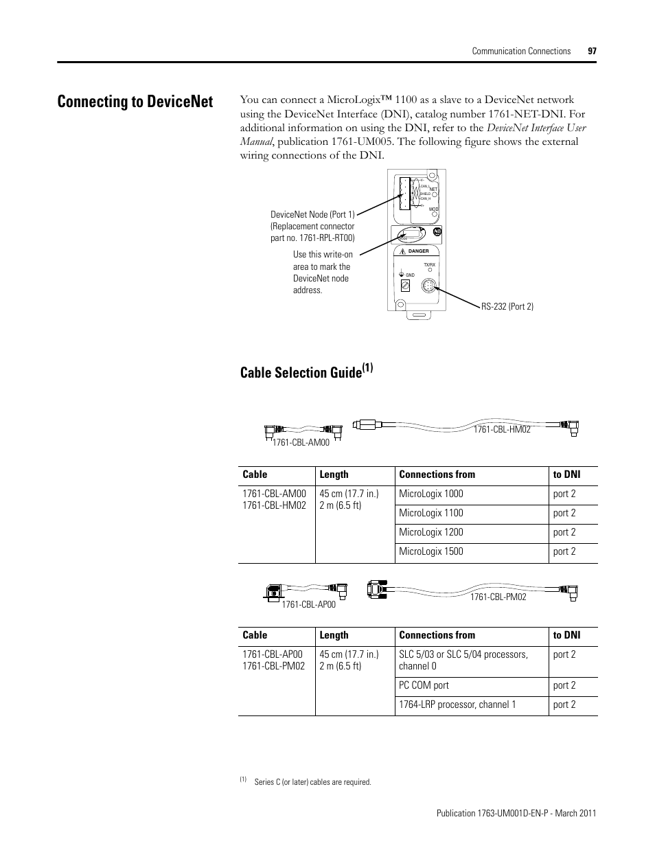 Connecting to devicenet, Cable selection guide | Rockwell Automation 1763 MicroLogix 1100 Programmable Controllers User Manual User Manual | Page 99 / 256