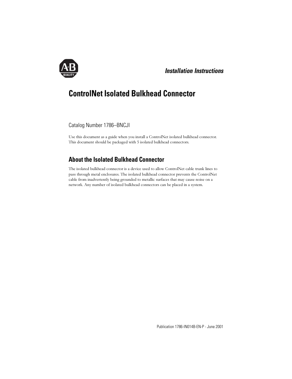 Rockwell Automation 1786-BNCJI ControlNet Isolated Bulkhead Connector Installation Instructions User Manual | 4 pages