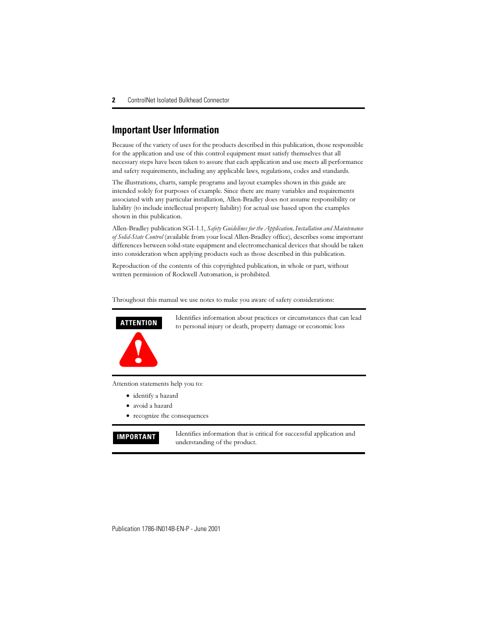 Important user information | Rockwell Automation 1786-BNCJI ControlNet Isolated Bulkhead Connector Installation Instructions User Manual | Page 2 / 4
